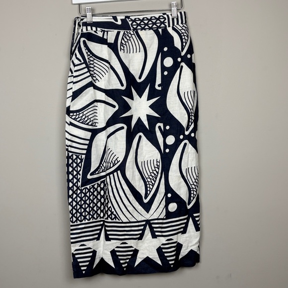 Farm Rio Cowrie 100% Linen Blue and White Shell Midi Skirt SZ S - Picture 7 of 11